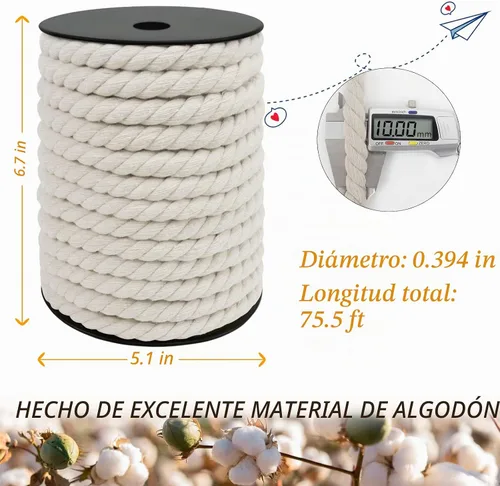 Vista 2 de JeogYong Cordón de macramé de 10mm, 22.86 metros de cuerda de macramé de algodón natural, hilo de 3 hebras torcido de algodón, cuerda de macramé