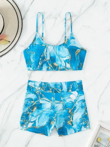 Vista 7 de MakeMeChic Traje de baño de 2 piezas con estampado de todo el mundo para mujer, conjunto de bikini de cintura alta