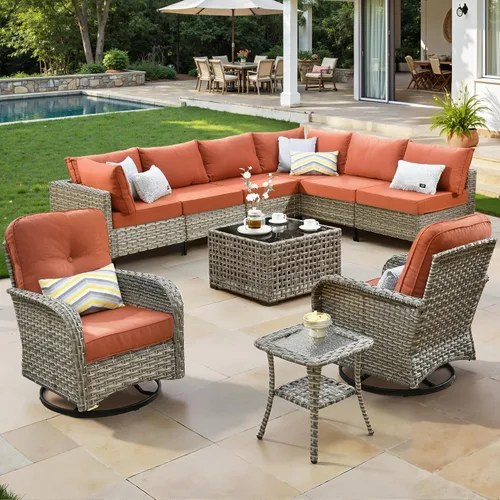 Vista 54 de ovios Muebles de patio de 8 piezas con hoguera, juego de conversación de mimbre de ratán para exteriores con mesa de centro brillante, cómodo sofá