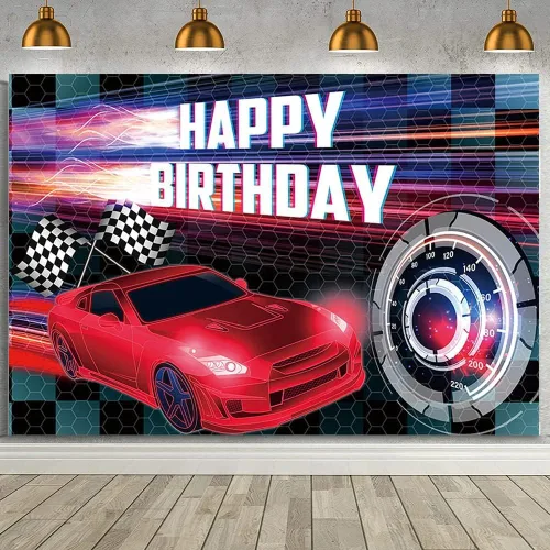 Vista 10 de MEHOFOND Telón de fondo negro de 7 x 5 pies, decoración de fiesta de carreras para niños, cartel de fiesta de cumpleaños con temática de auto