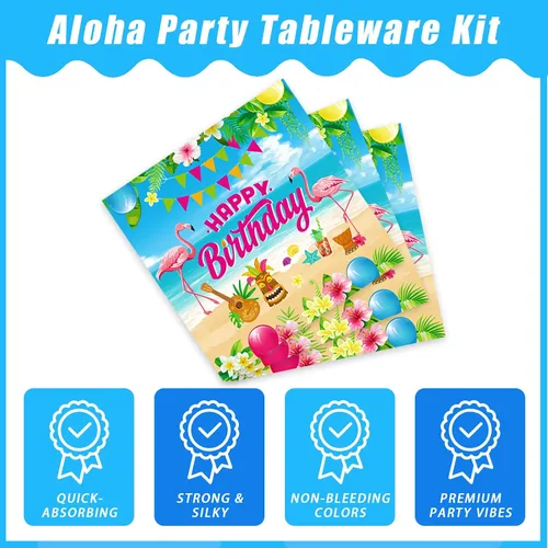 Vista 4 de Kepeel 96 piezas de suministros de decoración de fiesta hawaiana Aloha, platos de fiesta de cumpleaños tropicales Luau Tropical para verano, playa