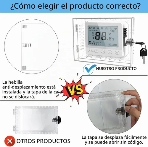 Vista 4 de Caja de bloqueo universal para termostato con llave, protector de termostato grande transparente para termostato en pared, cubierta de termostato se