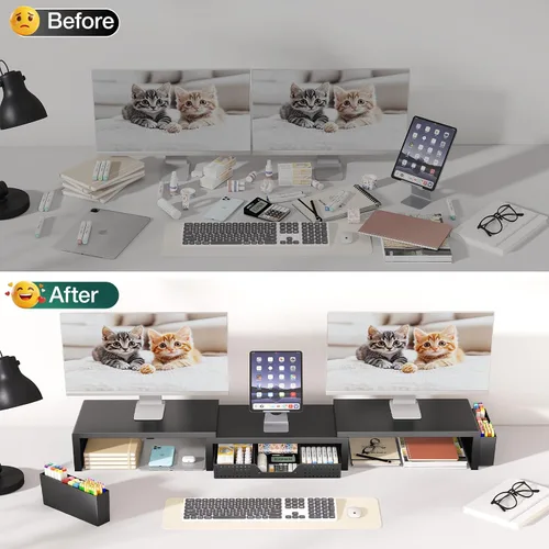 Vista 6 de OPNICE Soporte elevador de monitor doble con cajón y 2 soportes para bolígrafos, organizador de escritorio para suministros de oficina, soporte