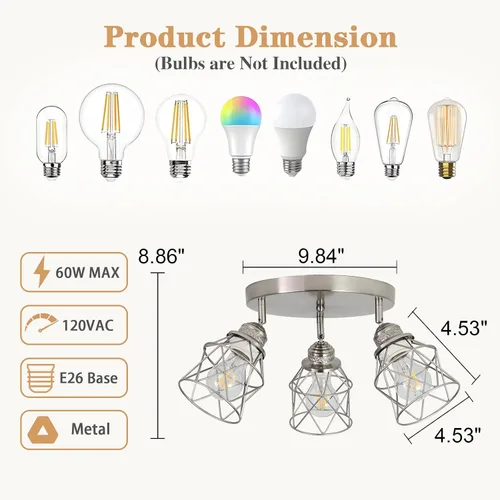 Vista 6 de Accesorios de iluminación de cocina - Lámpara de techo de 3 luces multidireccional con base E26, montaje empotrado ajustable para cocina de granja
