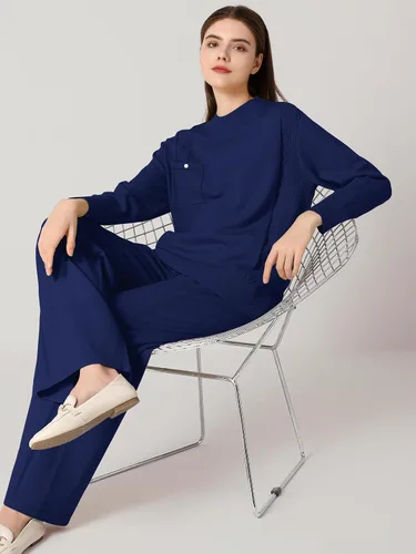 Vista 6 de SuperPrity Conjunto de suéter de manga larga para mujer, 2 piezas, cuello alto, suéter de punto trenzado, suéter de pierna ancha con bolsillos