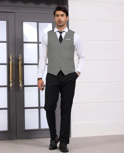 Vista 3 de Chaleco formal de negocios para hombre, chaleco ajustado con cuello en V, traje de esmoquin Gris
