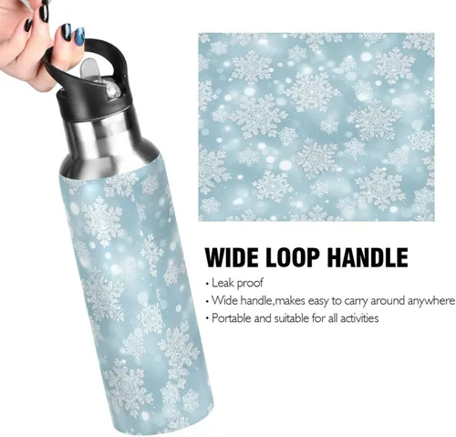 Vista 4 de Botella de agua aislada con copos de nieve blancos plateados de 32 onzas, botella de agua deportiva sin BPA aislada a prueba de fugas