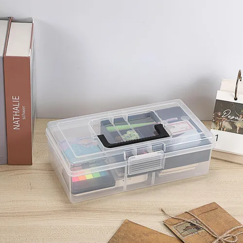 Vista 8 de BTSKY Caja de almacenamiento de plástico transparente con bandeja extraíble, caja de almacenamiento de artículos de papelería multiusos con asa