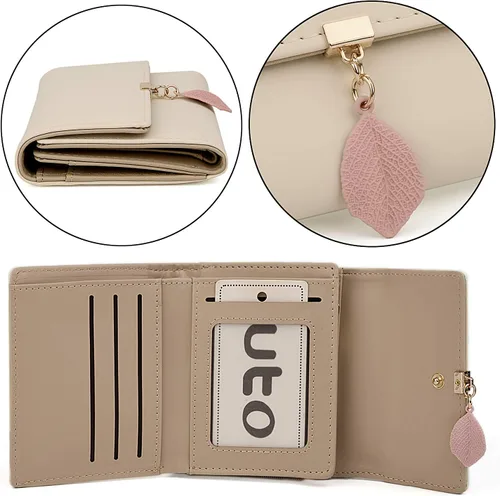 Vista 63 de UTO - Cartera pequeña RFID de piel sintética con dije de hoja, cierre de cremallera y tarjetero.