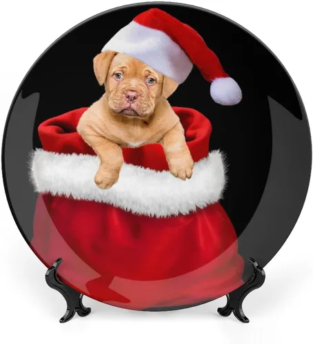 Vista 8 de Platos decorativos de Navidad para exhibición, Bulldog con sombrero de Papá Noel, divertidos platos de pared de cerámica de animales, platos