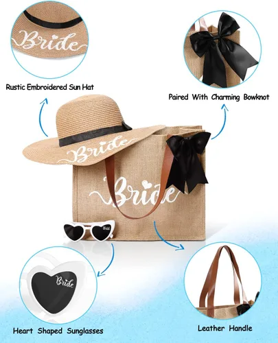 Vista 4 de Percozzi Wifey Bride Tote Bag Sun Hat Glasses Set Bride-To-Be Shower Gift Honeymoon Jute Bag Kit
