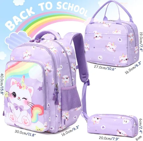 Vista 21 de Juego de mochila para niñas y adolescentes, mochila escolar para niños con bolsa para el almuerzo, estuche para lápices, mochilas escolares