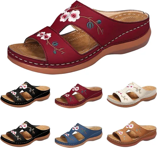 Vista 12 de Sandalias ortopédicas con soporte de arco, sandalias planas para exteriores, estilo bohemio, para caminar, cómodas, elegantes, informales