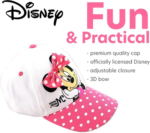 Vista 3 de Disney Gorra de béisbol Minnie Mouse para niña 3D con lazo curvo, correa trasera (4-7), Blanco