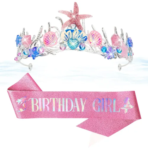 Vista 9 de CIEHER Corona de sirena, banda de cumpleaños, diadema de conchas para niñas, decoración de fiesta de sirena