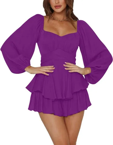 Vista 44 de LYANER Mono de Mujer de Manga Farol Larga con Volantes en Capas y Lazo Mini Corto Romper