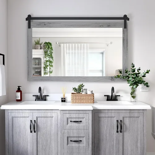 Vista 57 de COGOOD Espejo de puerta de granero de granja, 25 x 18 pulgadas, espejo decrativo con marco de madera rústica para baño, sala de estar, decoración