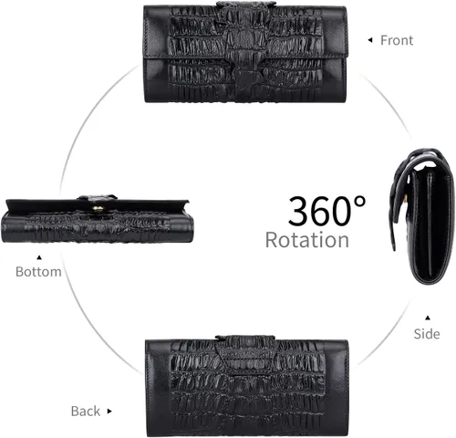 Vista 4 de PIJUSHI Cartera de piel de cocodrilo RFID para mujer organizada Negro