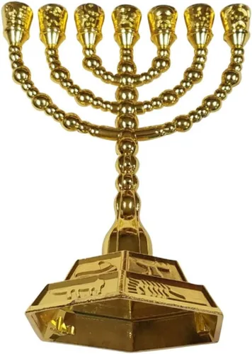 Vista 2 de Bethlehem Gifts TM 8" 7 ramas Hexagonal Base 12 Tribus de Israel Menorah (Oro)