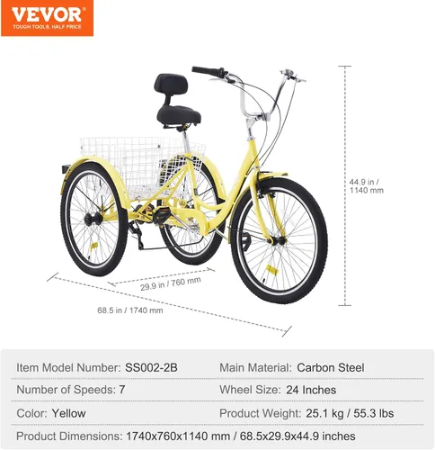 Vista 7 de VEVOR Adult Tricycles Bike,Three-Wheeled Bicycles, 3 Wheel Bikes Trikes, Carbon Steel Cruiser Bike with Basket & Adjustable Seat, Picnic Shopping