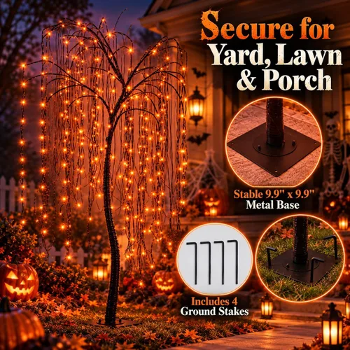 Vista 3 de Árbol de sauce iluminado de Halloween de 7 pies, 256 luces LED naranjas, árbol de sauce artificial llorón con 6 arañas, decoración