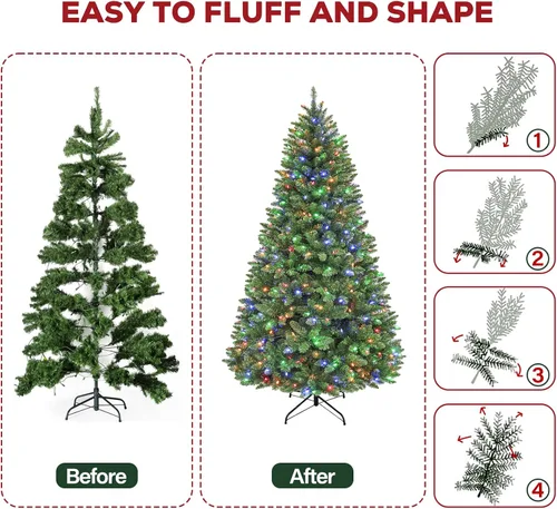 Vista 7 de Hykolity - Árbol de Navidad artificial preiluminado de 6 pies con 250 LED multicolor, ramas de PVC ignífugas, 1,032 puntas, 10 modos