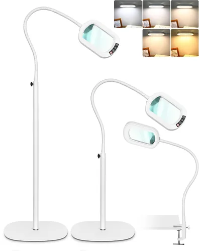 Vista 8 de Lupa rectangular 10X con luz y soporte, lámpara de pie flexible de 24 pulgadas de cuello de cisne 3 en 1, 5 modos de color regulable continuo, lupa