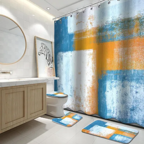Vista 23 de Lnond 4 Piezas Juegos de Cortinas de Ducha de Baño Moradas con Alfombras, Arte de Pintura Púrpura y Gris Juegos de Baño con Cortina de Ducha