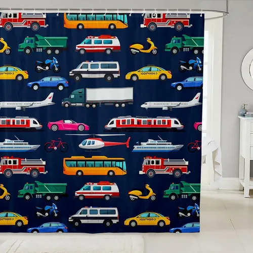 Vista 7 de Cortina de baño de tren de dibujos animados, cortina de ducha de tren rojo y azul para niños, juego de cortina de ducha para vehículos para niños