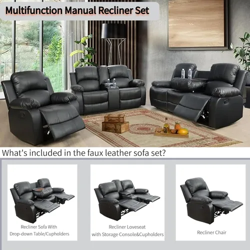 Vista 2 de Juego de sofá reclinable manual con mesa desplegable, juegos de sofás de pana, juegos de muebles de sala de estar, juegos de sofá reclinable manual