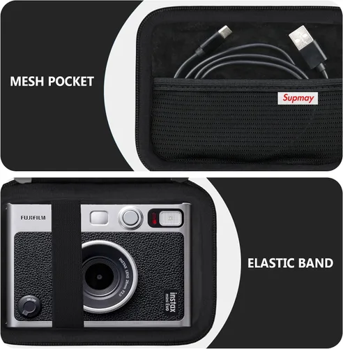 Vista 4 de Funda de transporte compatible con cámara instantánea Fujifilm Instax Mini EVO, bolsa de viaje con bolsillo de malla para fotos, cables USB Negro