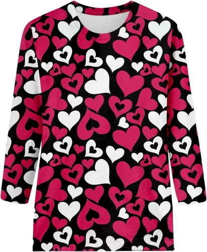 Vista 4 de ZEFOTIM Camisa de San Valentín para mujer, manga 34, con estampado de corazones de amor, casual, a la moda