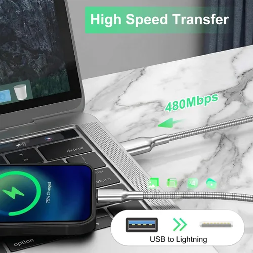 Vista 4 de Cable USB a Lightning de 6.6 pies a prueba de mordidos, cable de carga para iPhone a prueba de perros y gatos, cable de carga para iPhone plateado