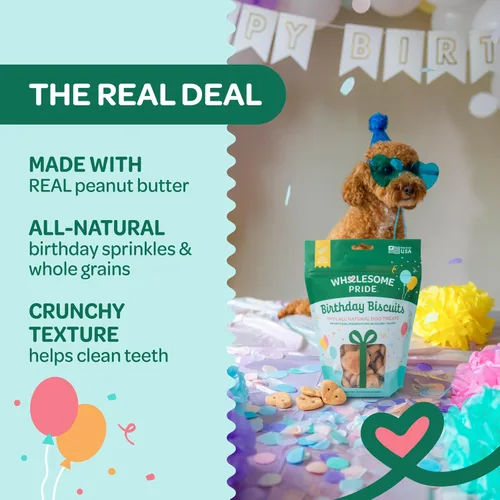Vista 2 de Wholesome Pride Birthday Biscuits - Golosinas para perros, mantequilla de maní real, todo natural, sin conservantes ni colores artificiales