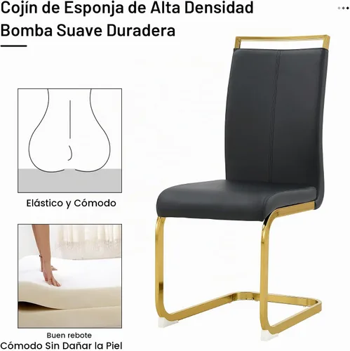 Vista 6 de Ebullient Juego de Mesa de Cocina Rectangular de MDF Blanca y Sillas de Comedor de Cuero Set de 6, Mesa de Comedor con Marco de Metal Dorado Moderno