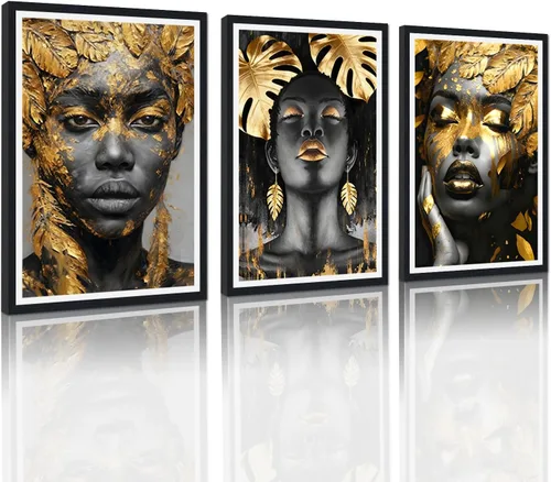 Vista 20 de MAMAGO Lienzo decorativo para pared, pintura de belleza dorada y negra, fotos de mujeres africanas, hermosos pósteres de mujer negra, impresiones
