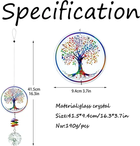 Vista 4 de Adorno colgante de chakra prisma de cristal con diseño de árbol de la vida K9 Crystal Glass Tree of Life Suncatcher Window Car Home Decor Rainbow