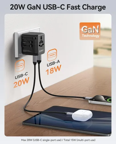 Vista 3 de ORICO Adaptador de viaje universal con 2 CA 2 USB-C y 1 conector USB-A, adaptador de corriente internacional PD 20W, cargador de pared esencial