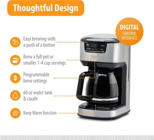 Vista 3 de Toastmaster Cafetera digital de goteo de 12 tazas, máquina de café automática programable, electrodoméstico de cocina con ajuste para mantener
