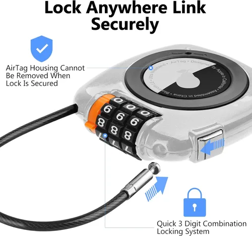 Vista 2 de Compatible con Apple AirTag Secure Lock con cable de alambre, candados de equipaje combinados de 3 dígitos, cuerpo de aleación ultra duradero, funda