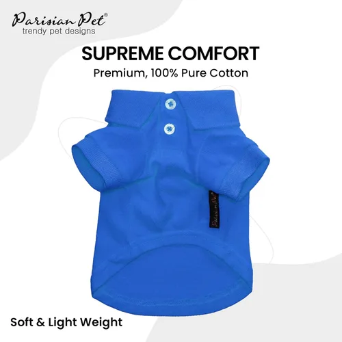 Vista 2 de Camisas Polo Parisian Pet - Camisa de Algodón Transpirable para Perros - Azul Sólido, Ropa de Verano con Capucha - Cuello con Botón para Perros