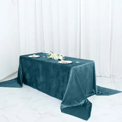 Vista 2 de Tableclothsfactory Mantel rectangular de terciopelo verde azulado de alta calidad de 90 x 156 pulgadas para eventos de fiesta de boda