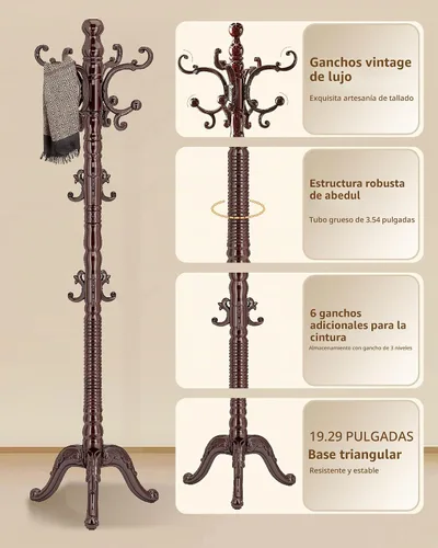 Vista 2 de Perchero de madera, perchero independiente de madera maciza, perchero vintage con 14 ganchos y base triangular, perchero de pie para chaqueta