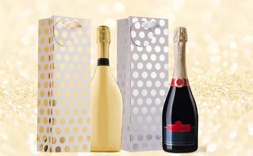 Vista 4 de UNIQOOO 12 bolsas de regalo de vino con lunares metálicos dorados y plateados de alta calidad, con etiqueta de masaje de regalo, papel 100%