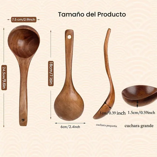Vista 2 de EORTA Juego de 2 cucharas de madera para cocinar, 2 tamaños, cucharón profundo, salsas de madera natural, gachas de avena, cubiertos de sopa