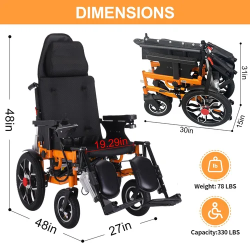 Vista 7 de Silla de ruedas eléctrica reclinable, sillas de ruedas reclinables ligeras para adultos, silla de ruedas motorizada portátil para personas mayores
