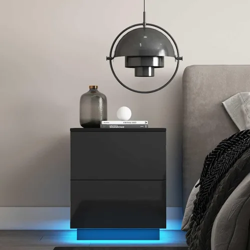 Vista 5 de Mesita de noche moderna con LED, mesa auxiliar de 2 cajones (color dorado)