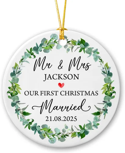 Vista 21 de Adorno personalizado de Navidad, aniversario de boda, aniversario de 2025, adornos de cerámica de Navidad para parejas, esposo, esposa, adorno