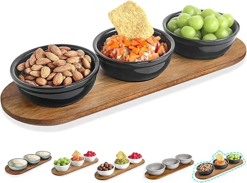Vista 10 de Artena Juego de 6 Tazas de 177ml de Cerámica Sólida Turquesa para Chips y Dip con Bandeja de Madera de Acacia, Tazas de Servir Pequeñas de 11.4cm