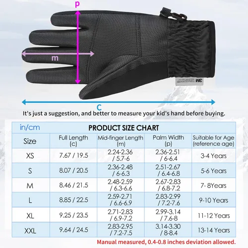 Vista 8 de Achiou Guantes de esquí para niños, guantes de nieve impermeables de invierno para niños, guantes de snowboard cálidos para pantalla táctil